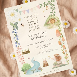 Hobbit Girl Birthday Invitation Template | Watercolor Shire Garden Party Invite | Fantasy Kids Birthday | Editable Canva | Any Age 5x7