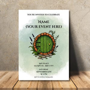 Aanpasbare Hobbit-verjaardagsuitnodiging, Fantasy-evenementkaart, Hobbit/Shire geïnspireerd, Instant Download en bewerkbare Canva-sjabloon 5 x 7