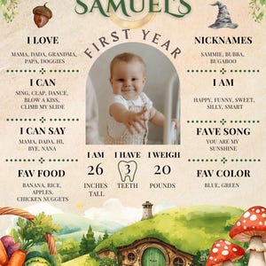 Puede incluir: Un p&oacute;ster personalizado de primer a&ntilde;o para beb&eacute;, con foto, nombre y detalles. El p&oacute;ster incluye la altura del beb&eacute; (66 cm), el peso (9 kg) y sus cosas favoritas, con una ilustraci&oacute;n caprichosa de una casa de hobbit.