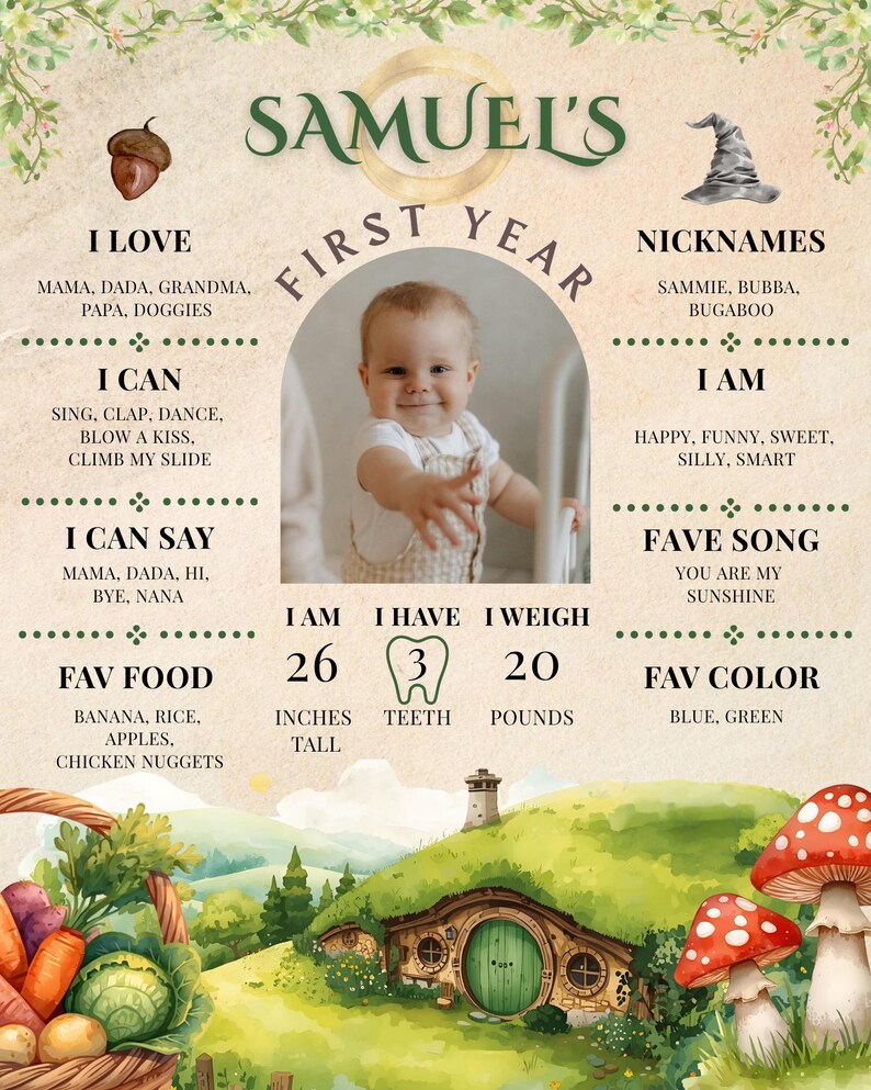 Puede incluir: Un p&oacute;ster personalizado de primer a&ntilde;o para beb&eacute;, con foto, nombre y detalles. El p&oacute;ster incluye la altura del beb&eacute; (66 cm), el peso (9 kg) y sus cosas favoritas, con una ilustraci&oacute;n caprichosa de una casa de hobbit.