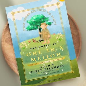 The Lord of the Rings/Hobbit Inspired Theme First Birthday Party Invitation, One In A Mellon, Instant Download and Editable Canva Template