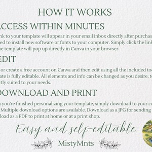 Puede incluir: Una gu&iacute;a de plantilla digital con el t&iacute;tulo "HOW IT WORKS" en verde oscuro. El texto explica c&oacute;mo acceder, editar y descargar la plantilla. La parte inferior de la imagen dice "Easy and self-editable" con el logotipo de MistyMnts.