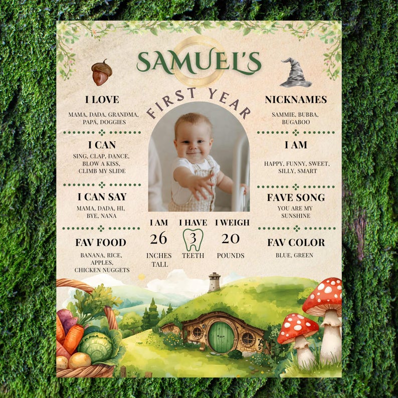 Puede incluir: Un p&oacute;ster personalizado de hitos del primer a&ntilde;o con foto, nombre y detalles del beb&eacute;. El p&oacute;ster incluye la altura del beb&eacute; (66 cm), el peso (9 kg) y sus cosas favoritas. El dise&ntilde;o tiene una ilustraci&oacute;n caprichosa de una casa de hobbit y setas.