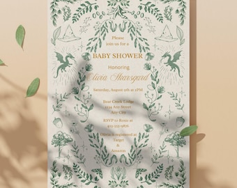 Invitación para baby shower de fantasía, invitación para baby shower, inspiración boscosa, floral, vintage, descarga instantánea, plantilla editable de 5x7