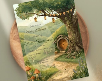 Plantilla de invitación para baby shower de fantasía / Género neutro, fiesta temática de bosque (descarga digital) Canva editable