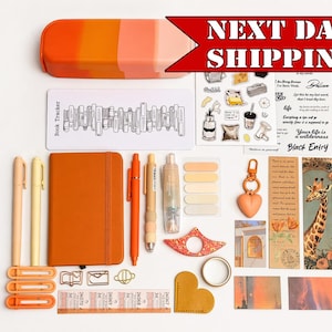 Op de afbeelding: Een briefpapierset met een oranje etui, een bruin notitieboek, pennen, een boeken-tracker, stickers, een hartvormige sleutelhanger, een giraf-bladwijzer, paperclips, washi-tape en decoratieve kaarten. De items liggen in een platte lay-out.