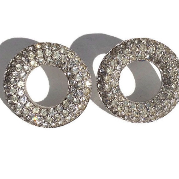 Vintage Rhinestone Pave Donut Stud Earrings circa 1980 Silver Plate, Excellent Condition, Finely Crafted, Haute Couture, SFA Box