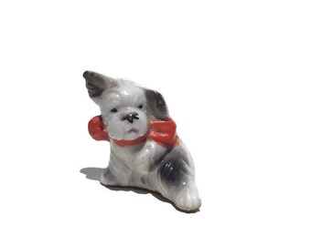 A Vintage Glazed Ceramic Bisque Terrier Dog Figurine wearing Red Bow / Made in Japan / Westie / Curio