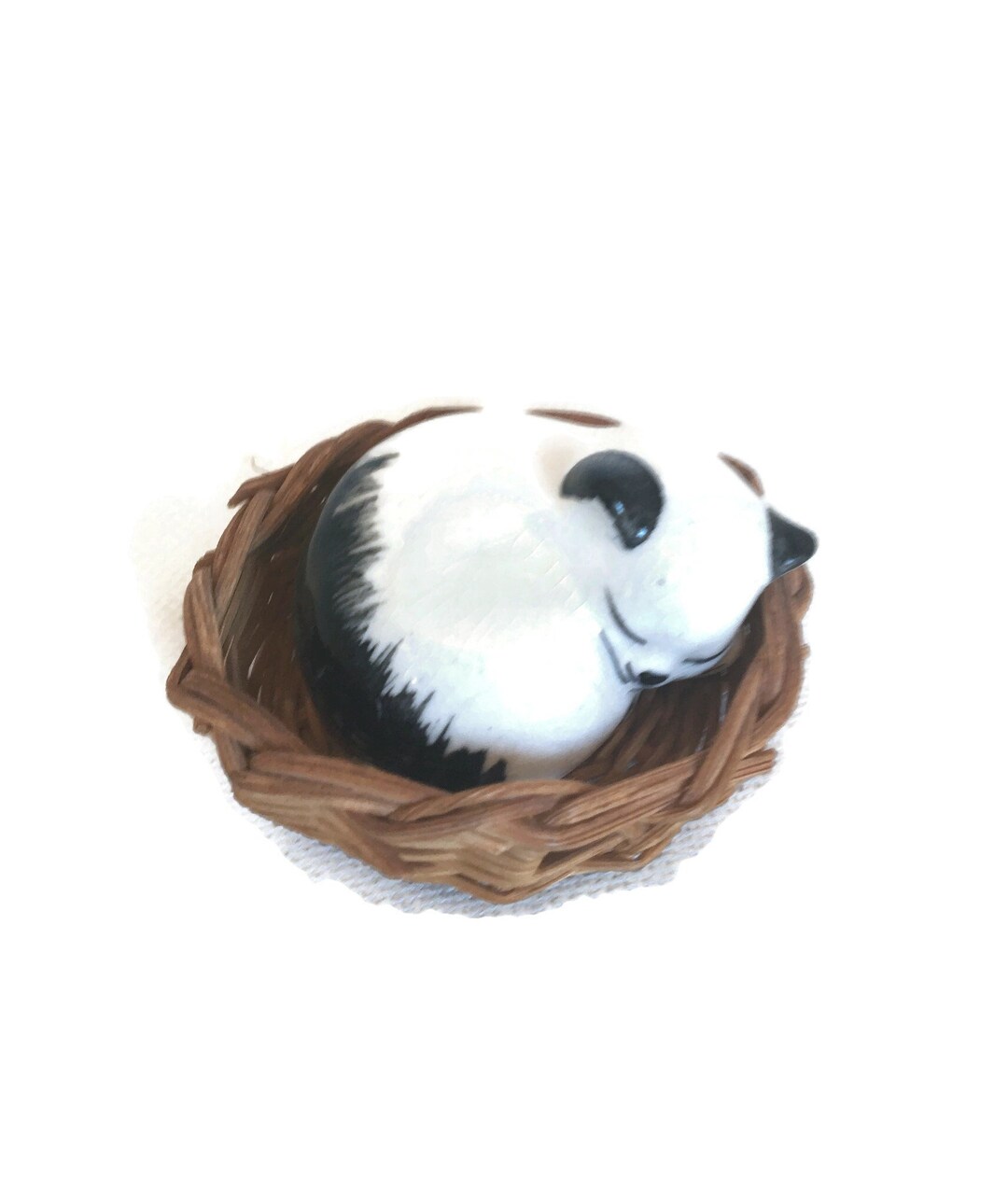 Szeiler Glazed Ceramic Sleeping Cat in Basket Figurine / Made in