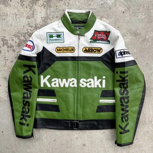 Vintage Kawasaki Motorbike Racing Jacket Genuine Cowhide Leather Biker Jacket Streetwear Jacket Motorcycle Riding Jacket CE Approved Armours