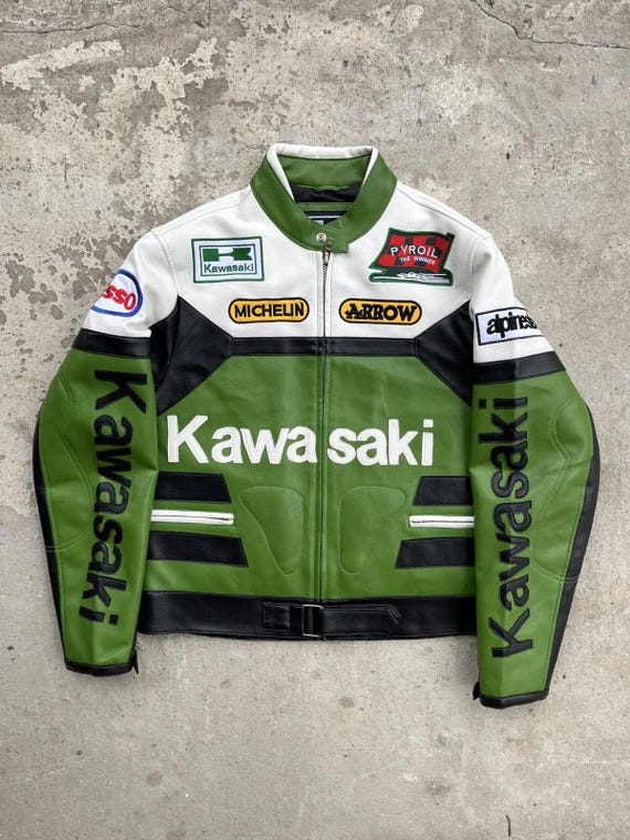 Vintage Kawasaki Motorbike Racing Jacket Genuine Cowhide Leather