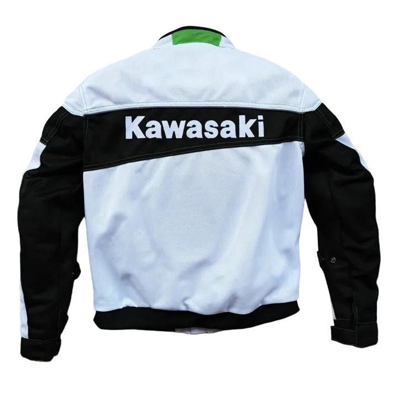 May include: A white and black motorcycle jacket with a green Kawasaki logo on the back.