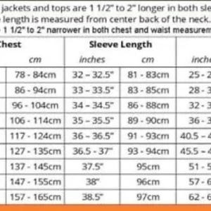 May include: A size chart for jackets and tops with measurements in inches and centimeters. The chart includes sizes XS through 5XL and lists chest, sleeve length, and waist measurements.