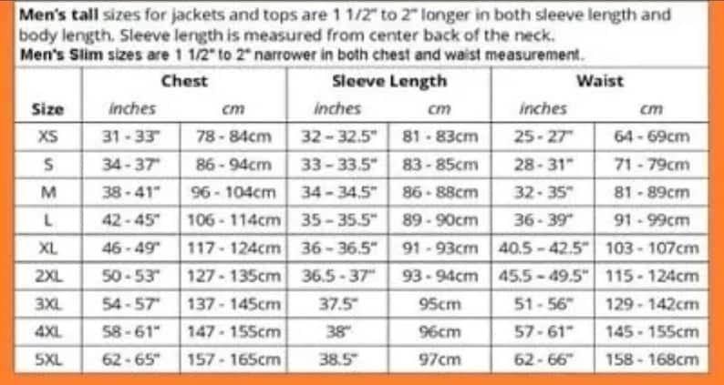 May include: A size chart for jackets and tops with measurements in inches and centimeters. The chart includes sizes XS through 5XL and lists chest, sleeve length, and waist measurements.
