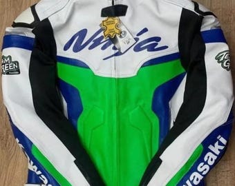 Custom Kawasaki Racing Leather Jacket, Motorbike Biker Jacket
