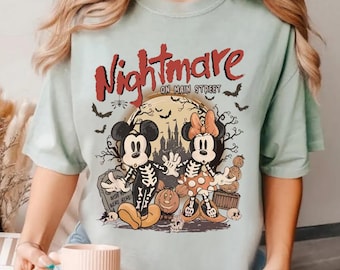 Retro Nightmare On Main Street Halloween Shirt, Mickey and Minnie Skeleton Tees, Halloween Trip Group Tees, Halloween Party, Not So Scary