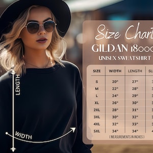 Puede incluir: Una mujer con una sudadera negra y gafas de sol, con una tabla de tallas para una sudadera unisex Gildan 18000. La tabla muestra medidas en pulgadas para ancho, largo y largo de manga, desde la talla S hasta la 5XL.