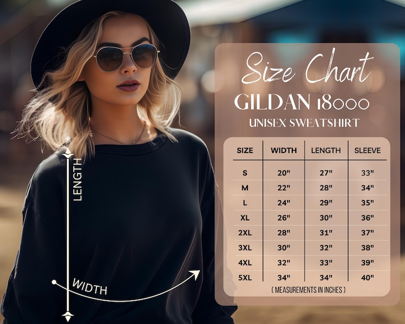 Puede incluir: Una mujer con una sudadera negra y gafas de sol, con una tabla de tallas para una sudadera unisex Gildan 18000. La tabla muestra medidas en pulgadas para ancho, largo y largo de manga, desde la talla S hasta la 5XL.