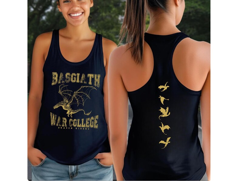 A woman wearing a black tank top with a dragon design and text printed on it, smiling at the camera.