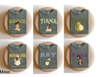 Princess Tiana and Frog Varsity Shirts, Matching Tiana Naveen Louis Madam Odie Ray Dr Facilier Tees, Tiana's Bayou Adventure Tees
