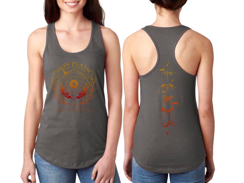 A woman wearing a gray tank top with a graphic design on the front and back.