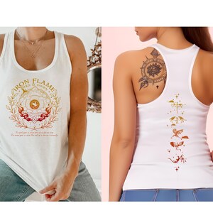 The image is a collage of two photos featuring a woman wearing a white tank top with a design and a tattoo on her back.