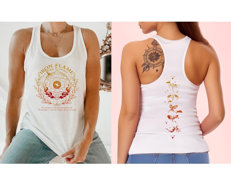 The image is a collage of two photos featuring a woman wearing a white tank top with a design and a tattoo on her back.