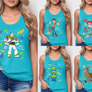 The image is a collage of five different images featuring characters from the Toy Story franchise, including Buzz Lightyear, Woody, and other beloved characters from the animated film series.