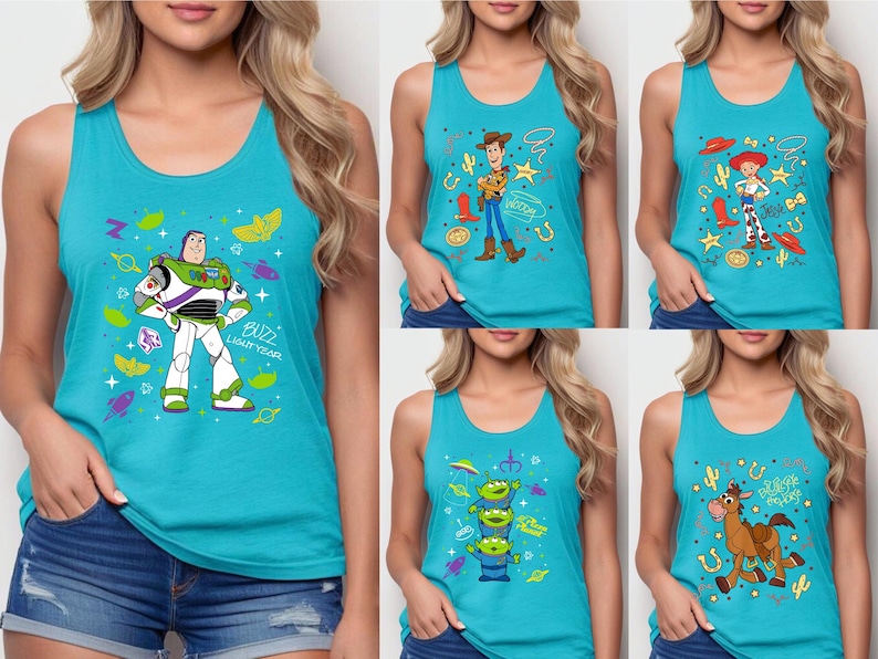 The image is a collage of five different images featuring characters from the Toy Story franchise, including Buzz Lightyear, Woody, and other beloved characters from the animated film series.