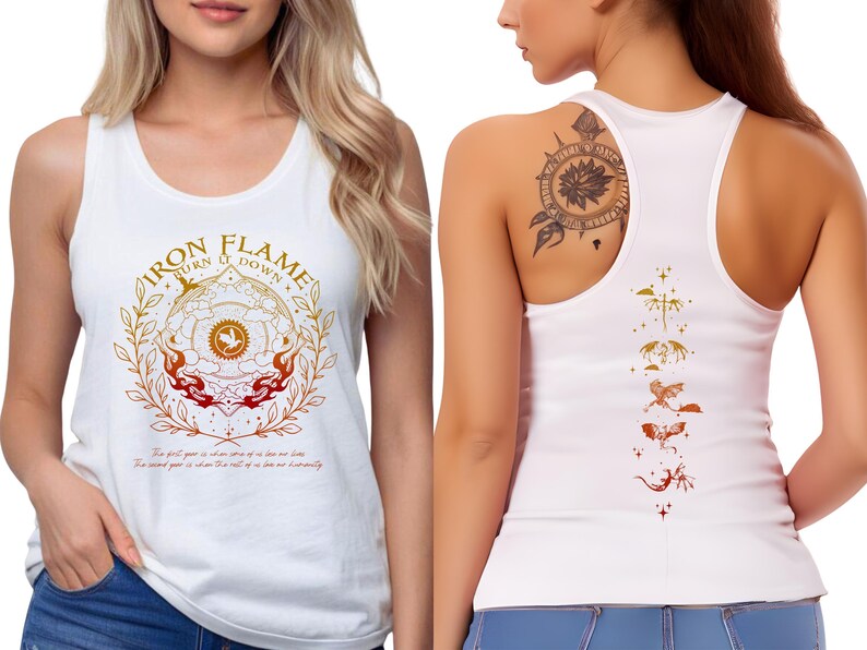 a woman wearing a white tank top with a graphic design on the front and a tattoo on her back.