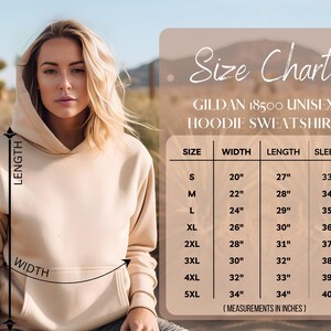 Puede incluir: Tabla de tallas para una sudadera con capucha unisex Gildan 18500. La tabla muestra las medidas en pulgadas para el ancho, la longitud y la longitud de la manga para las tallas S a 5XL.