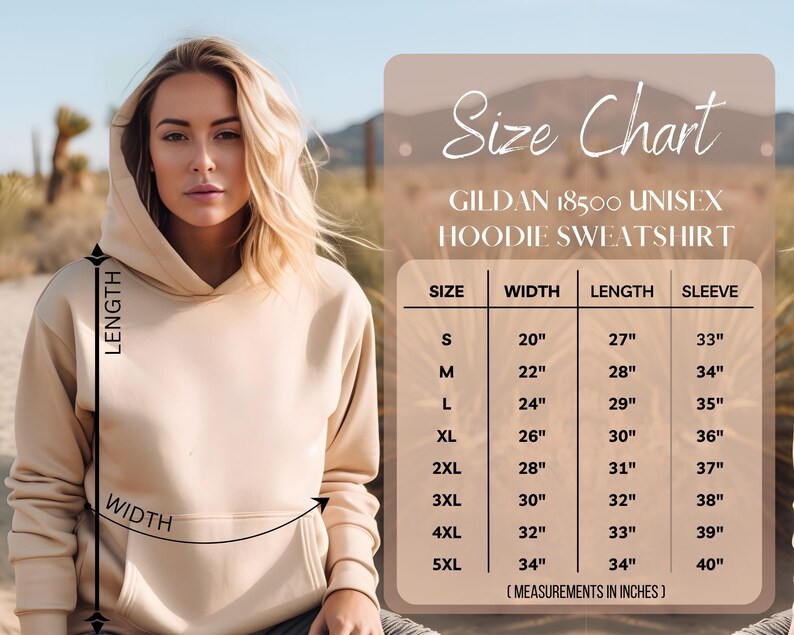 Puede incluir: Tabla de tallas para una sudadera con capucha unisex Gildan 18500. La tabla muestra las medidas en pulgadas para el ancho, la longitud y la longitud de la manga para las tallas S a 5XL.