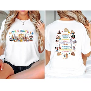 The image is a collage of two photos. In the left photo, a woman is wearing a white t-shirt with a colorful graphic design depicting various landmarks and icons from different countries. In the right photo, the back of the same t-shirt is visible, showing the same graphic design and text.