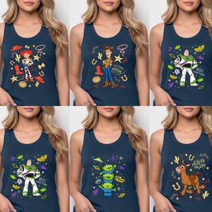 The image is a collage of six images featuring characters from the Toy Story franchise, including Buzz Lightyear, Woody, and other beloved characters from the animated film series.