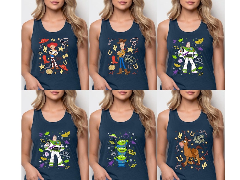 The image is a collage of six images featuring characters from the Toy Story franchise, including Buzz Lightyear, Woody, and other beloved characters from the animated film series.