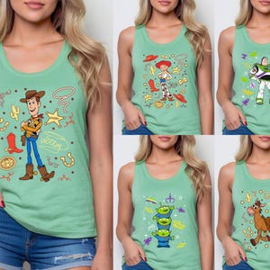 Camisetas sin mangas estilo racerback a juego de Toy Story, camisetas sin mangas grupales de Toy Story con Woody, Jessie, Buzz, Alien y Bullseye, camisetas lindas para mujer, camisetas sin mangas de películas para niñas imagen 10