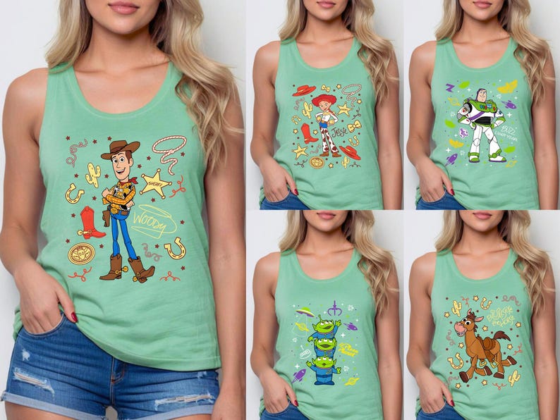 Camisetas sin mangas estilo racerback a juego de Toy Story, camisetas sin mangas grupales de Toy Story con Woody, Jessie, Buzz, Alien y Bullseye, camisetas lindas para mujer, camisetas sin mangas de películas para niñas imagen 10