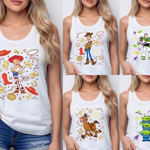 The image is a collage of five different images featuring characters from the Toy Story franchise, including Woody, Buzz Lightyear, and other beloved characters from the movie.