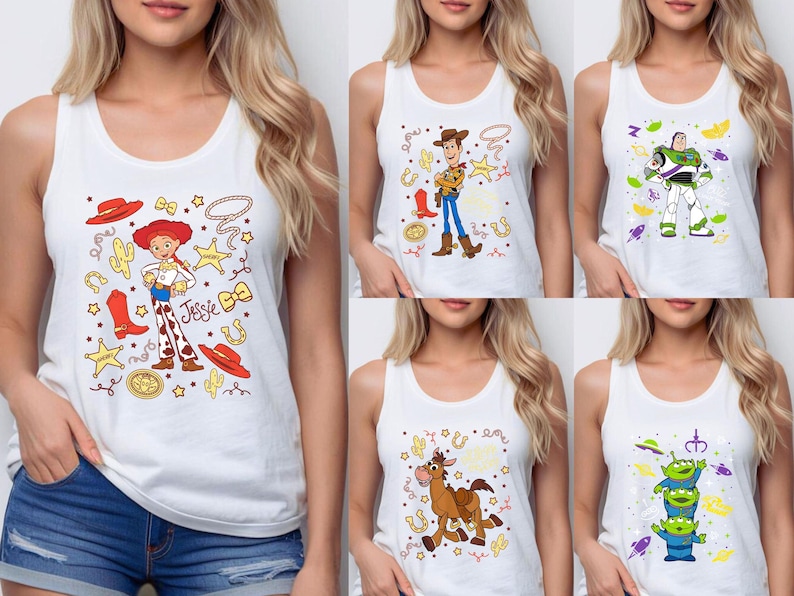 The image is a collage of five different images featuring characters from the Toy Story franchise, including Woody, Buzz Lightyear, and other beloved characters from the movie.