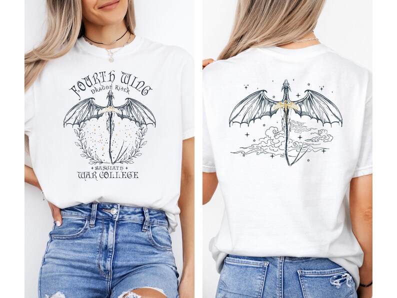 a woman wearing a white t-shirt with a graphic design of a dragon and the text "Fourth Wing" printed on it.