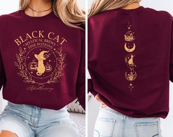 Black Cat Apothecary Sweater, Spooky Witch Cat Halloween Hoodie, Halloween Party Sweaters, Women Black Cat Crewnecks, Witchy Vibes