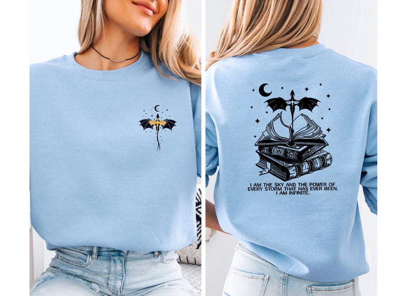 The image is a collage of two photos of a woman wearing a light blue t-shirt with a dragon design and a quote on the back.