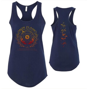 a navy blue tank top with a graphic design on the front and back.