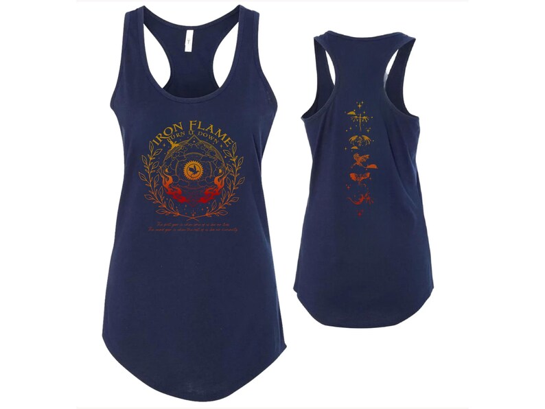 a navy blue tank top with a graphic design on the front and back.