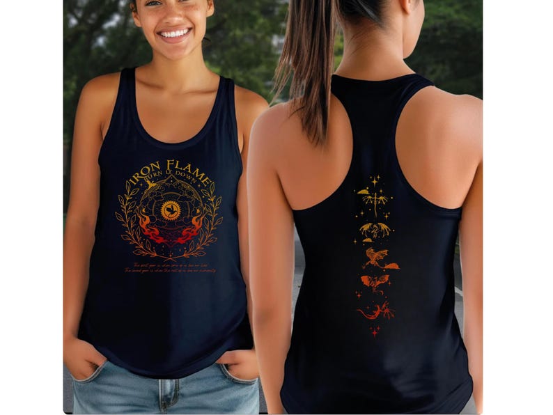 A woman wearing a black tank top with a graphic design on the front and back.