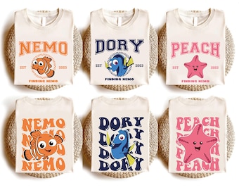 Finding Nemo Adult Toddler & Kids Shirts, Dory Peach Destiny Gill Bubble Bloat Squirt Crush Matching Tees