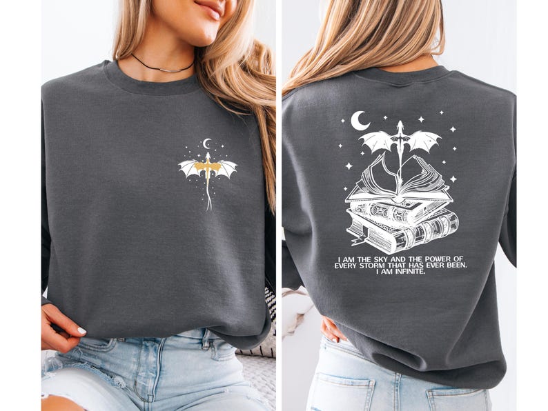 The image is a collage of two photos of a woman wearing a gray sweatshirt with a dragon design and a quote on the back.