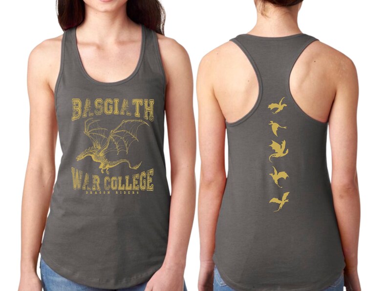 a woman wearing a grey tank top with a graphic design on the front and back.
