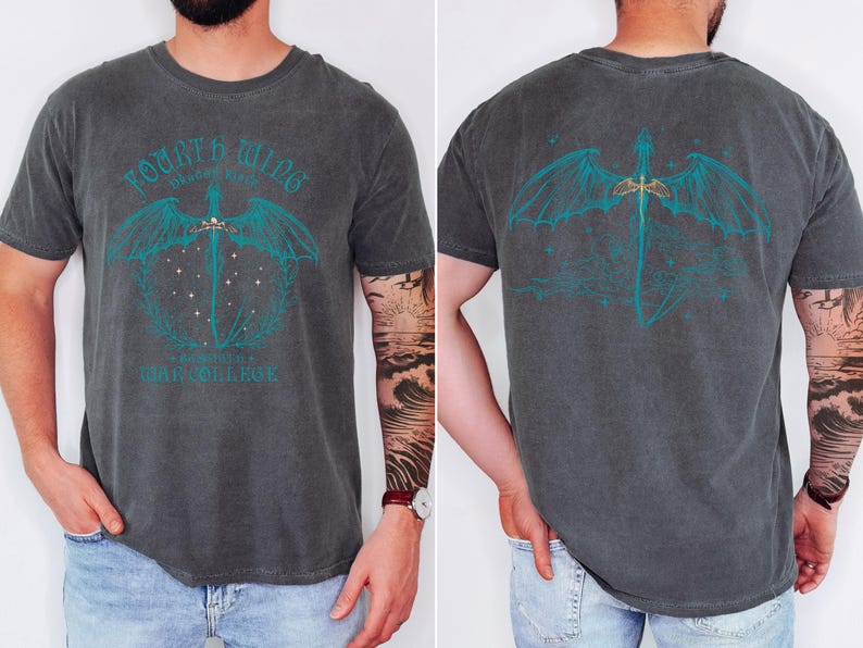 a man wearing a gray t-shirt with a graphic design on the back. The design features a dragon and a sword, along with the text "Fourth WILD" and "WILD COLLEGE".