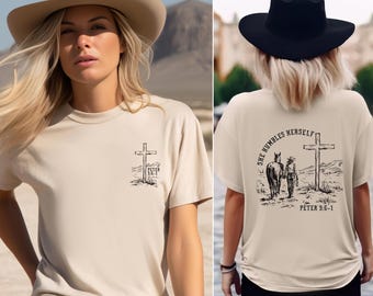 She Humbles Herself T-shirt, Peter 5:6-1 Bible Verse Tee, Comfort Colors Western Christian Shirt, Retro Cowgirl Western Tee, Gift for Women